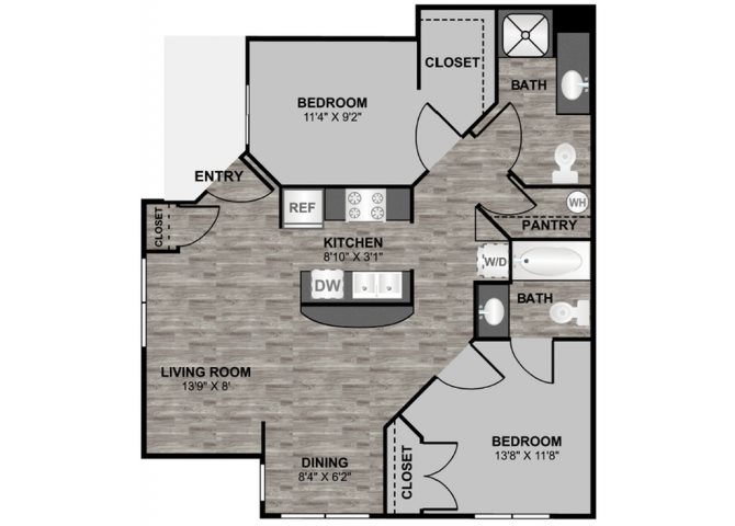 2 bedroom 2 bathroom 876 sq ft floor plan at 255 North Apartments in Tucson, AZ